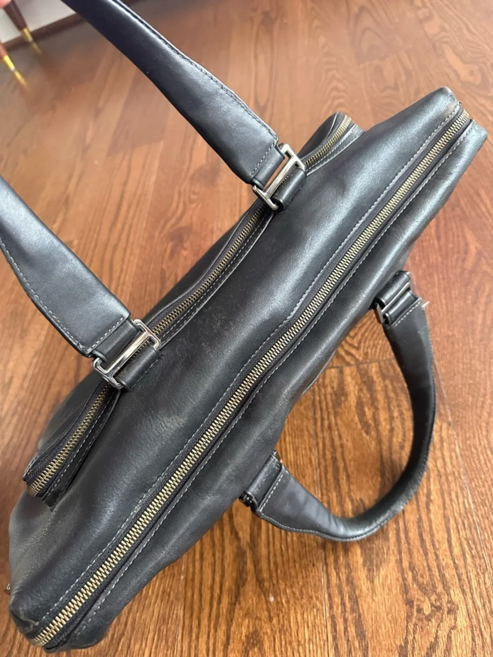 Tumi Black Leather Briefcase Tote with Front Zip Pockets